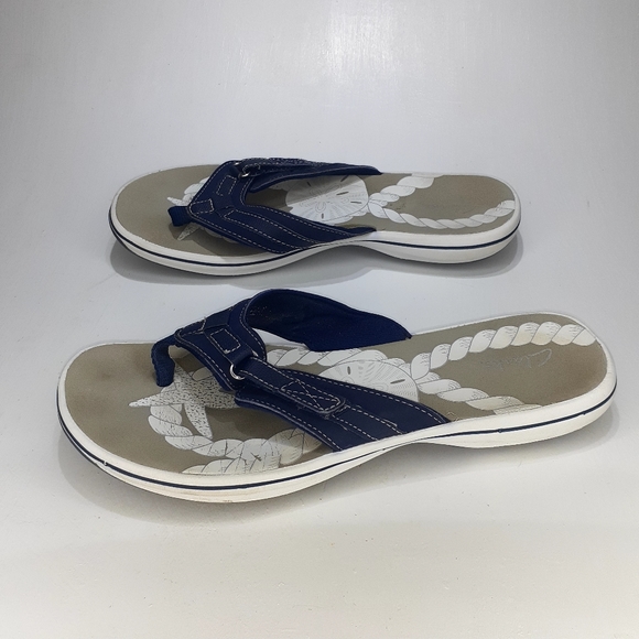 Clark Navy Leather Flip Flops Cushion Soles Sz11 - Picture 7 of 9